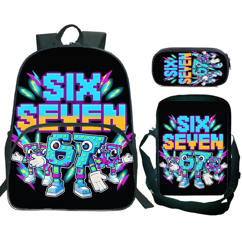 A black backpack set featuring six and seven themed designs on the fabric.