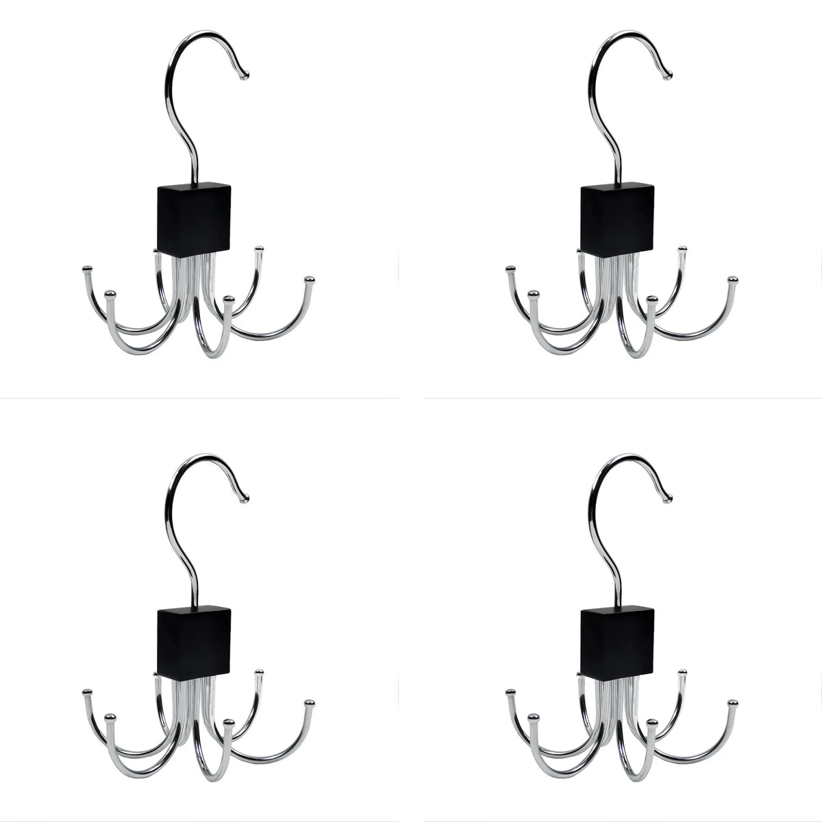 Set aus vier multifunktionalen rotierenden Aufhängeregalen mit silbernen Metallhaken und schwarzen Montagebases.