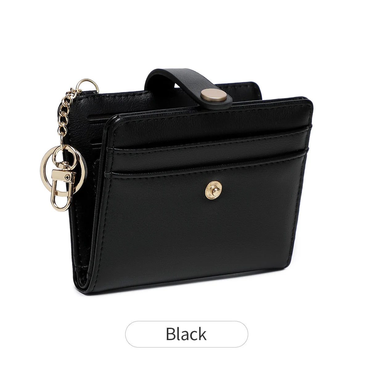 A black minimalist RFID blocking wallet with a leather strap and gold-toned hardware.