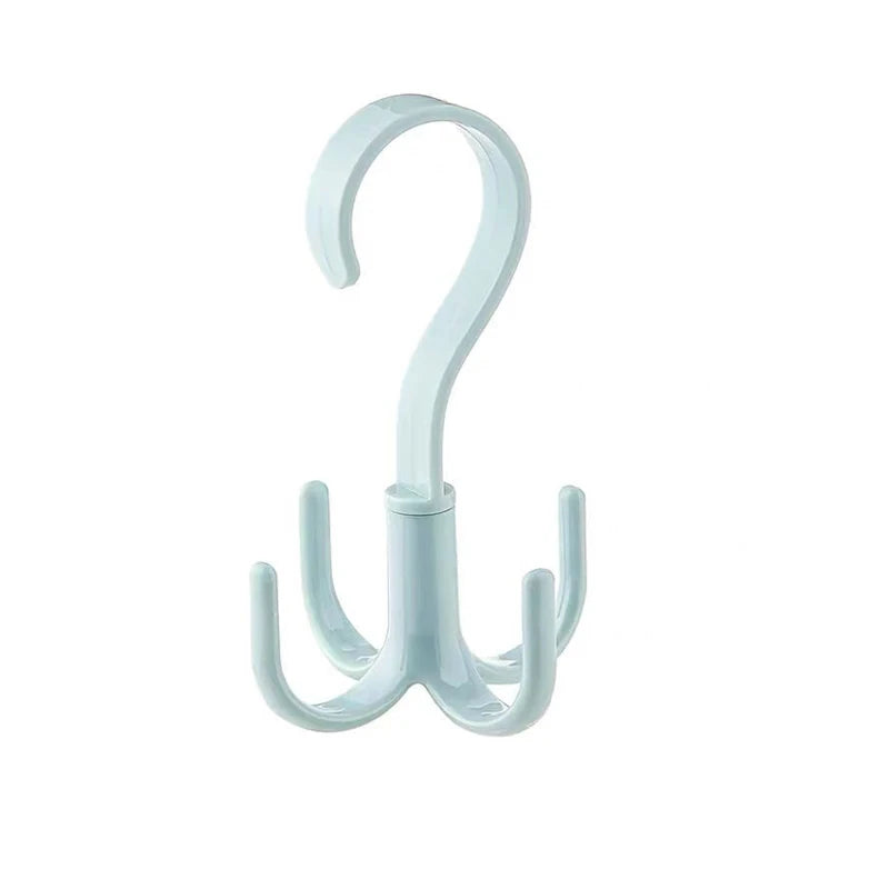 A light blue, multi-functional hanging hook with a curved handle and four claws.