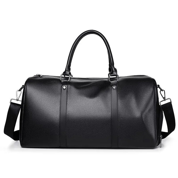 Black retro PU motorcycle travel duffle bag with a leather handle