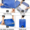 Four steps showing how to use a reusable compression packing cubes set for organizing items.