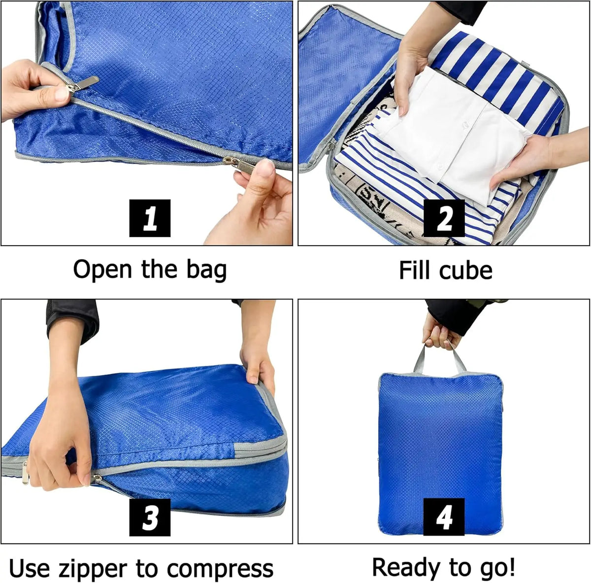 Four steps showing how to use a reusable compression packing cubes set for organizing items.
