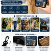 A black clip-on dog training treat pouch with a transparent window is shown next to a golden retriever.