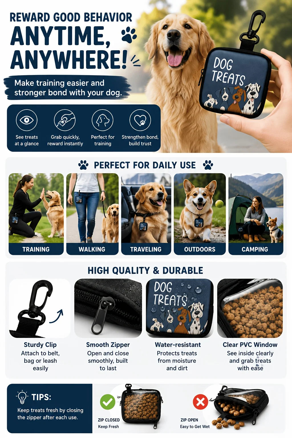 A black clip-on dog training treat pouch with a transparent window is shown next to a golden retriever.