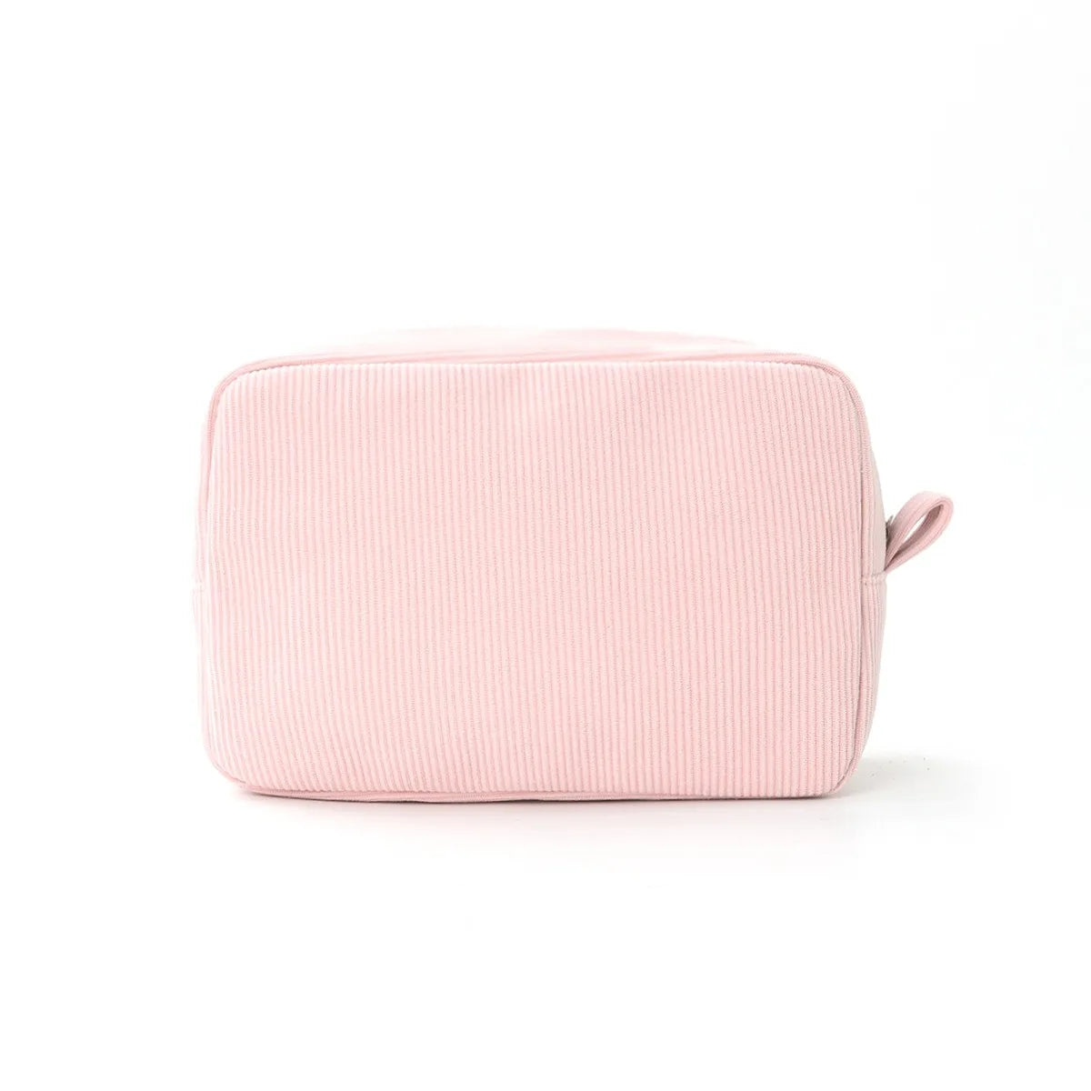 A pink seersucker striped cosmetic bag with a zipper closure.