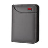 A dark gray slim bi-fold wallet for men with stitched edges and a red accent.