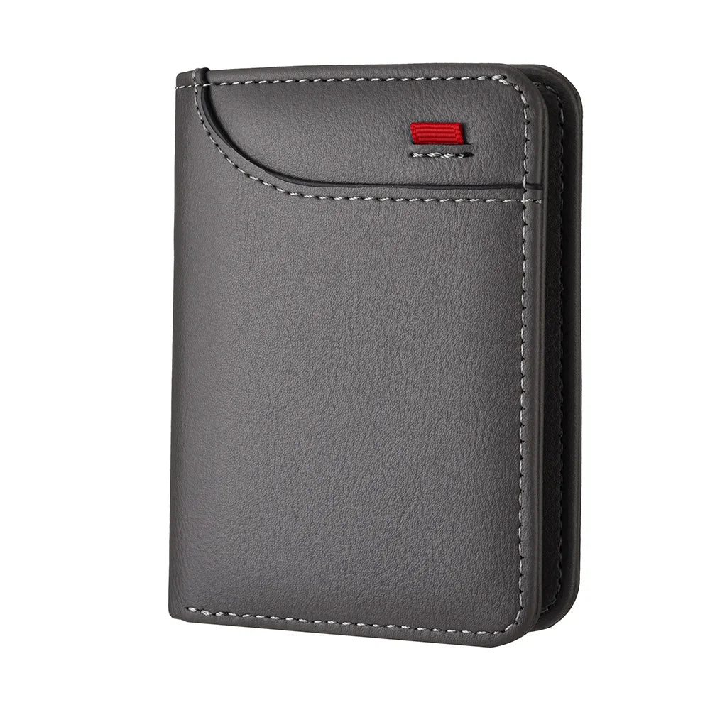 A dark gray slim bi-fold wallet for men with stitched edges and a red accent.