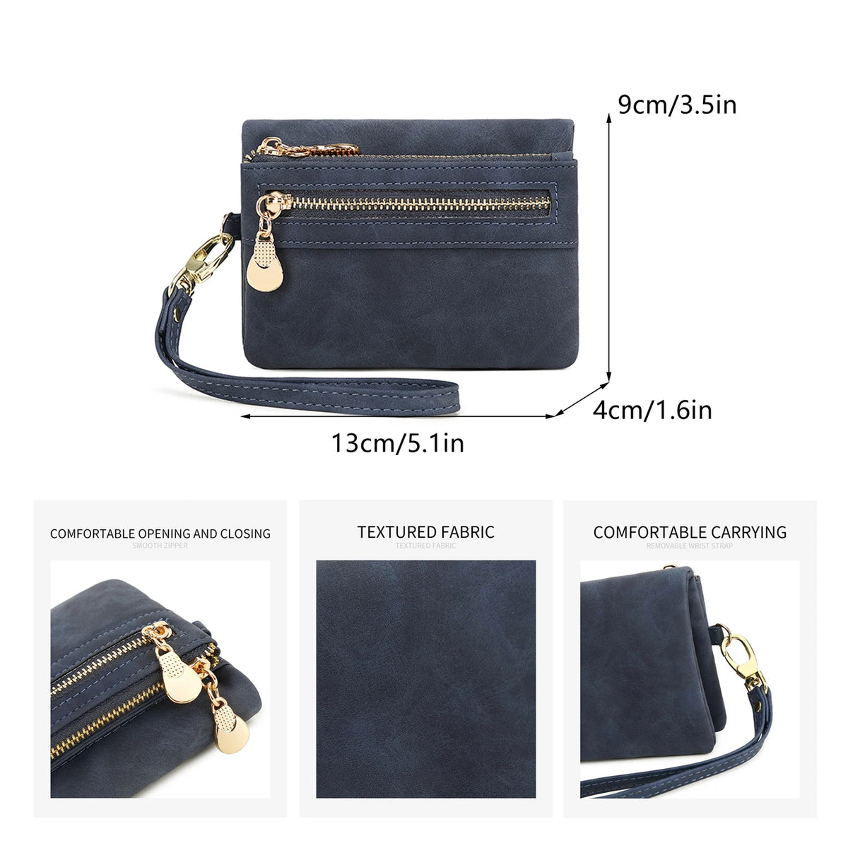 A dark blue retro PU leather double fold wallet with a zipper and leather strap shown in various views.