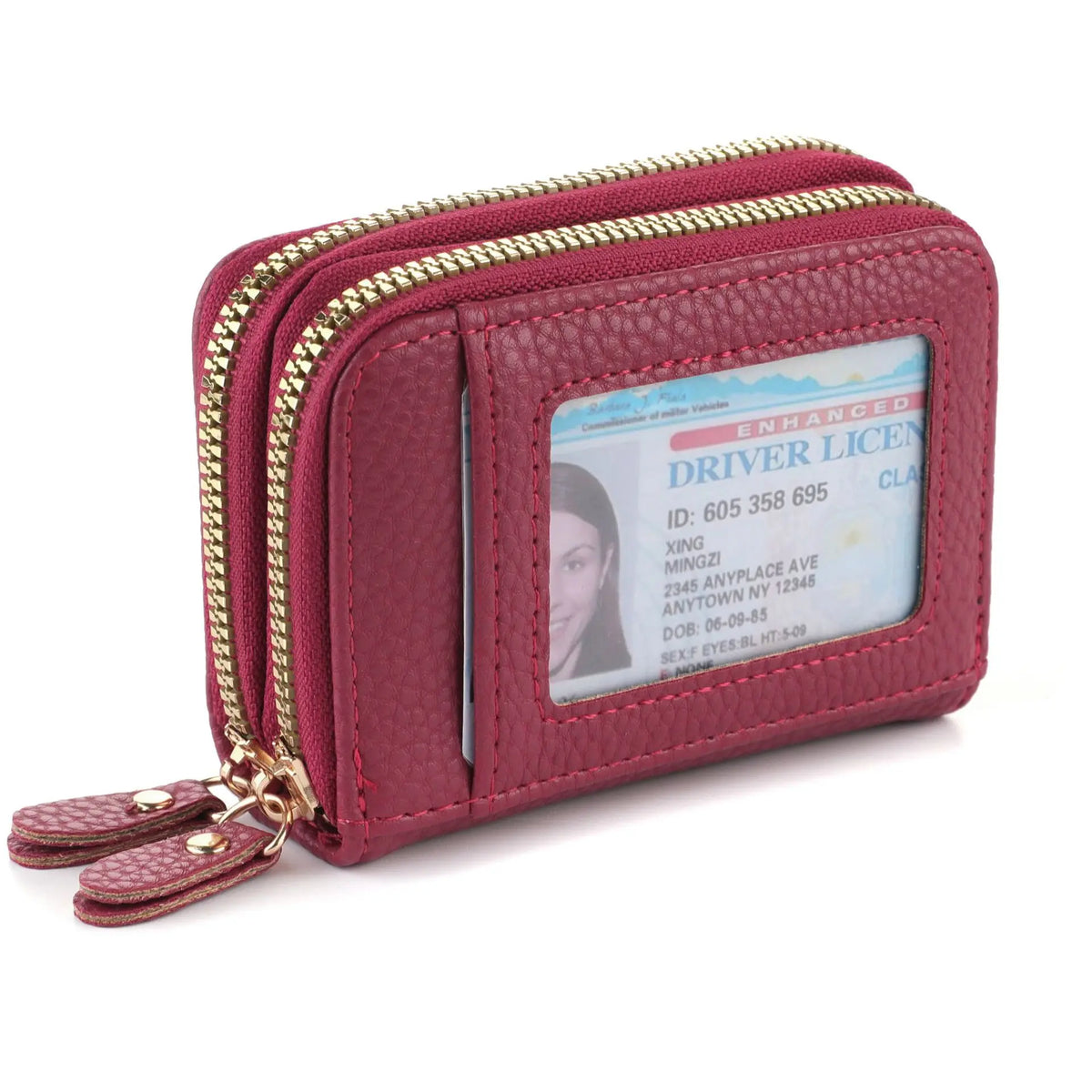 A maroon PU leather card and ID wallet with a zipper closure and attached leather strap.