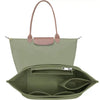 A light olive green felt insert bag designed to organize a handbag.