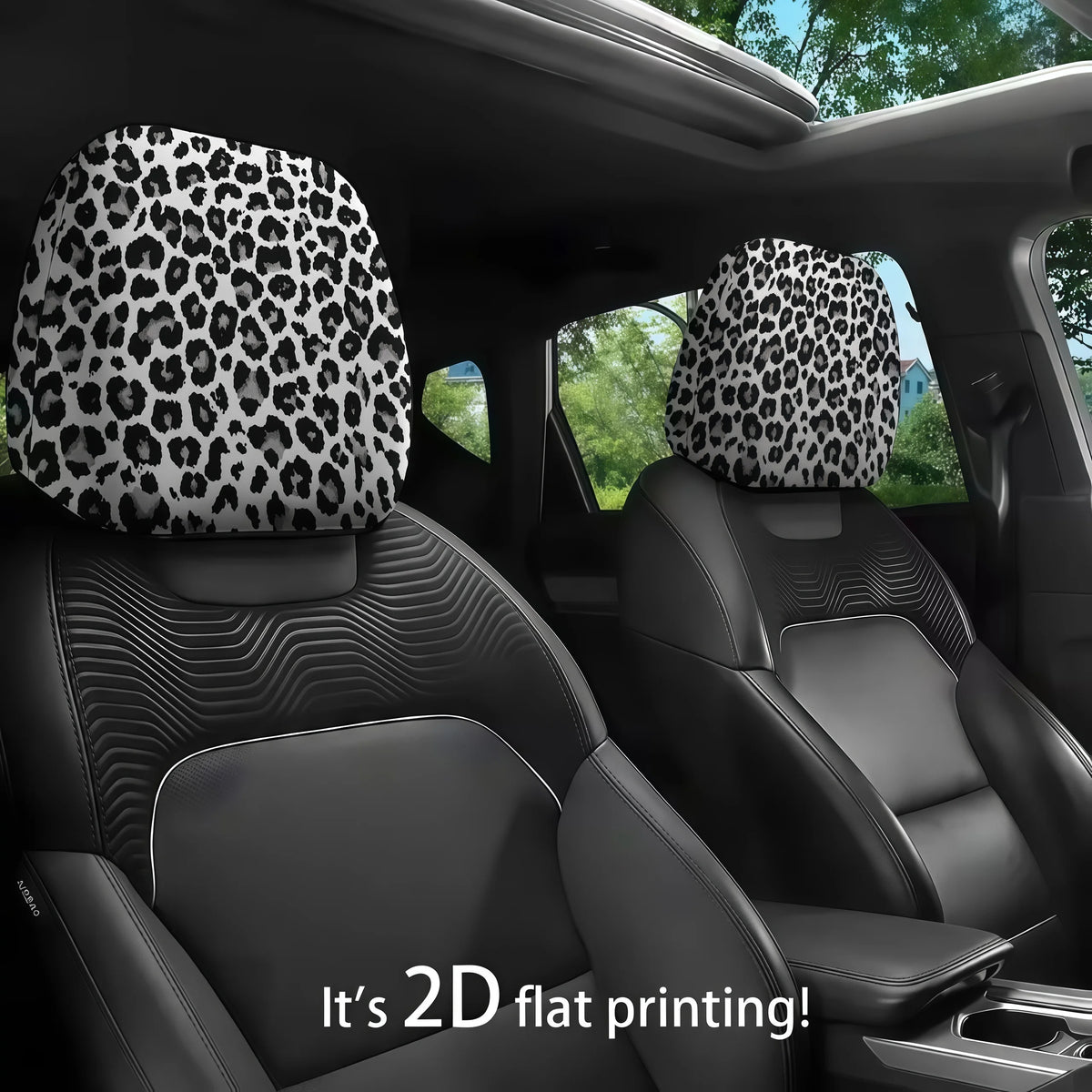 Black car seats with leopard print headrest covers installed in the vehicle interior.