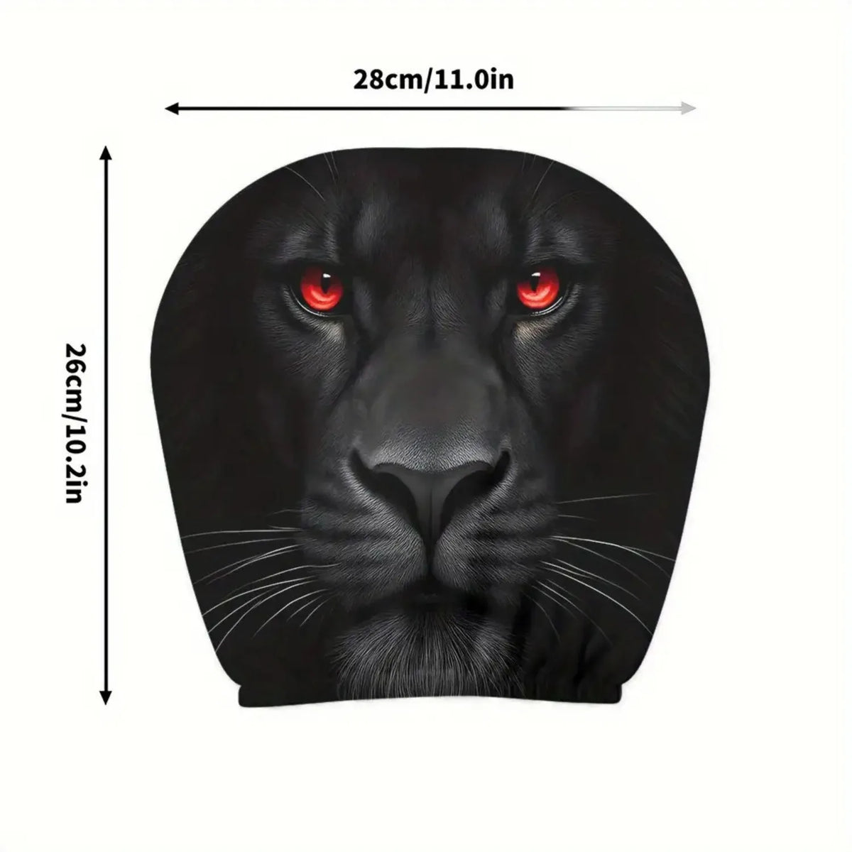 Diseño de cara de león negro para protector de reposacabezas de coche, mostrando ojos rojos intensos.