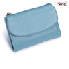 A light blue genuine leather mini card holder wallet with a zipper closure.