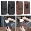A set of dark brown PU leather phone waist pouches with belt clips shown in various angles.