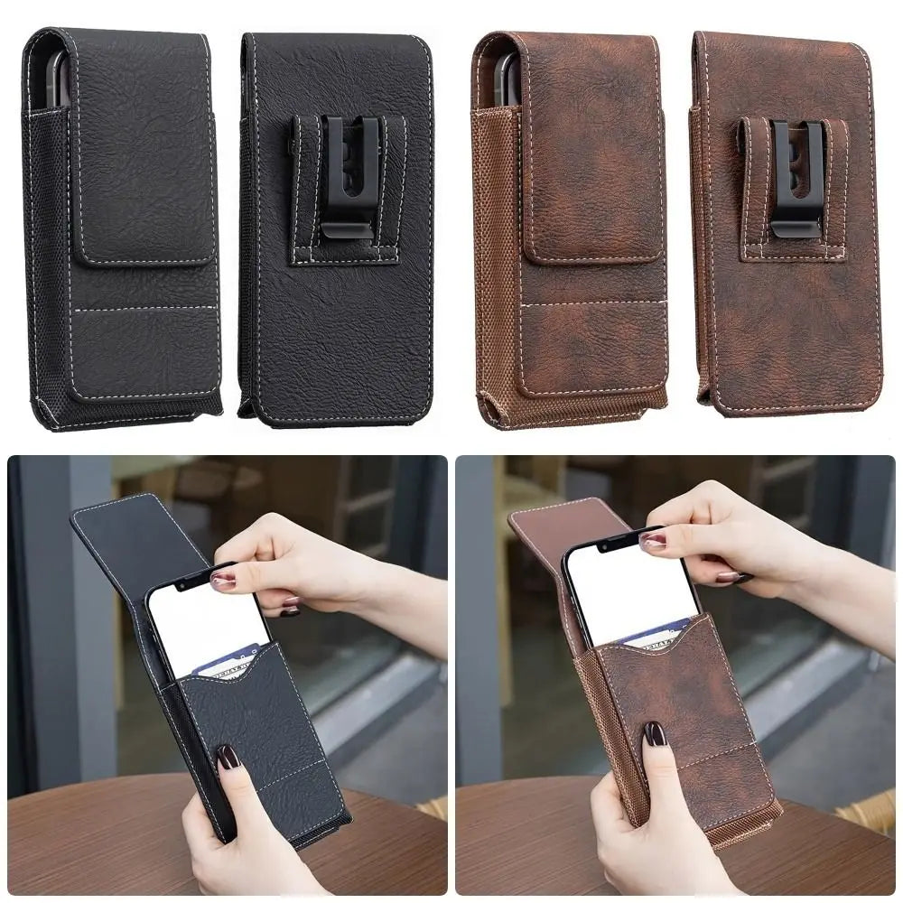 A set of dark brown PU leather phone waist pouches with belt clips shown in various angles.