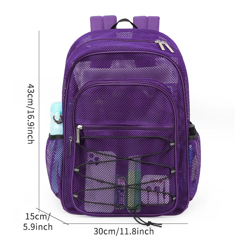 Purple mesh backpack designed for laptop and daily use with adjustable straps.