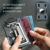 A hand holds a slim metal card holder displaying credit cards and cash, with an AirTag-compatible case shown nearby.