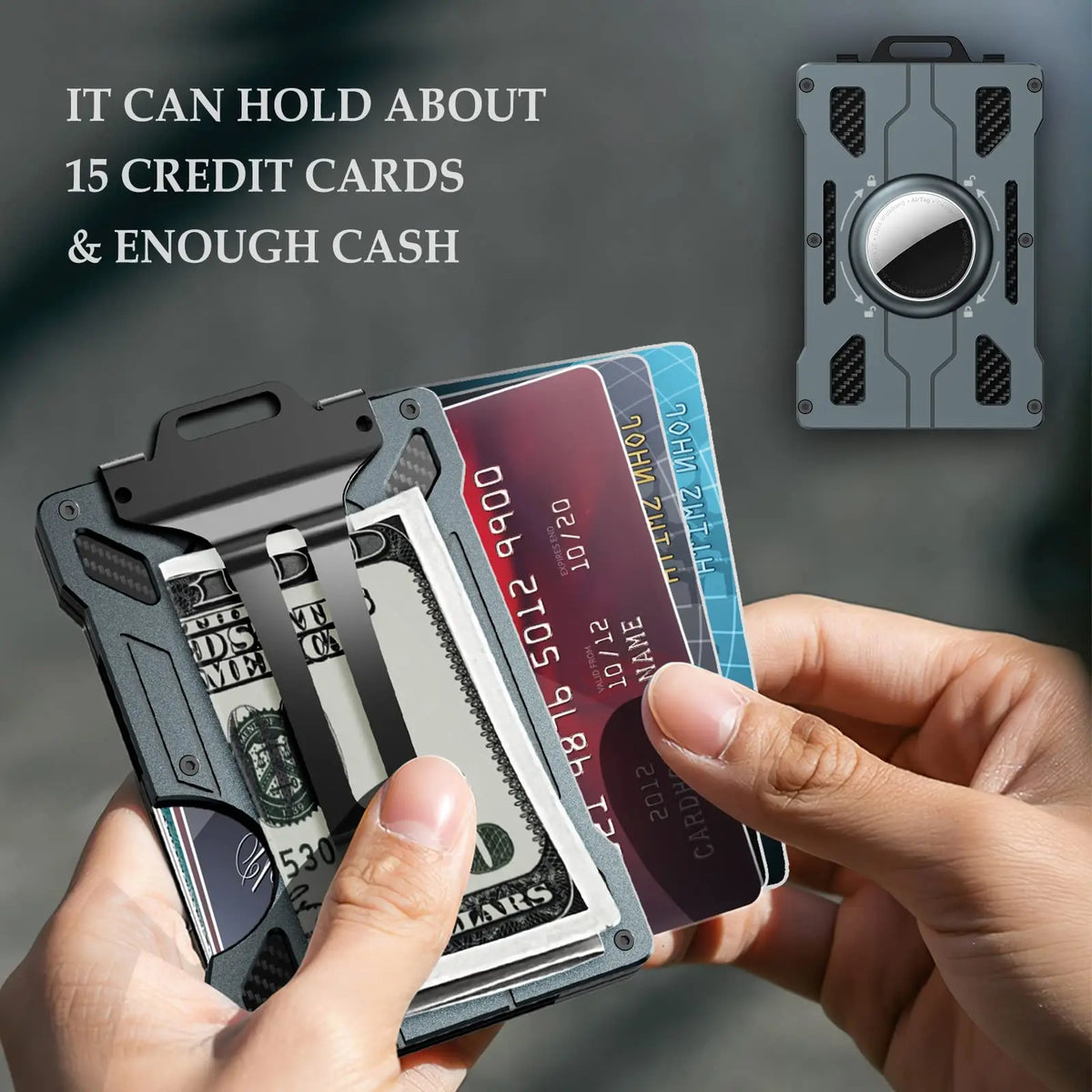A hand holds a slim metal card holder displaying credit cards and cash, with an AirTag-compatible case shown nearby.