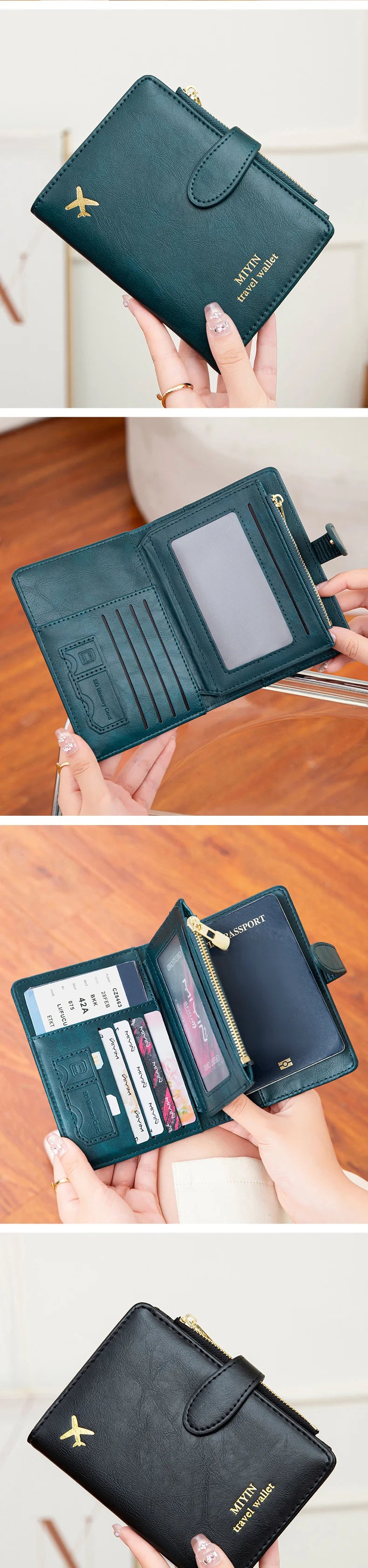 A dark teal passport wallet is shown being held by a hand, displaying the interior and exterior of the multi-functional PU le