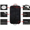 Black portable fabric clothes dust cover and storage bag showing features like breathability and zip closure.
