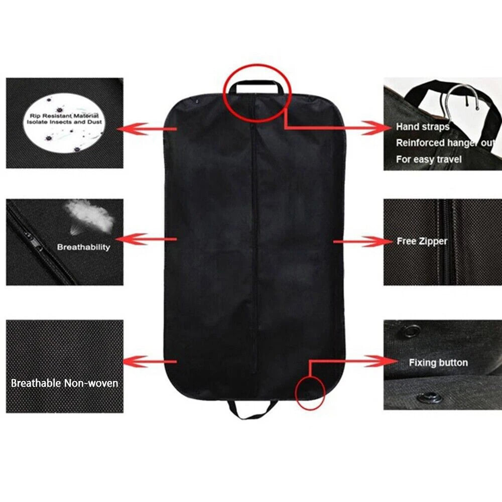 Black portable fabric clothes dust cover and storage bag showing features like breathability and zip closure.