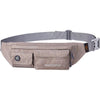 A tan waist bag with a gray strap and a hidden security compartment.
