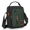 Black Men's Crossbody Sling Bag with an orange zipper pull and a green fabric panel.