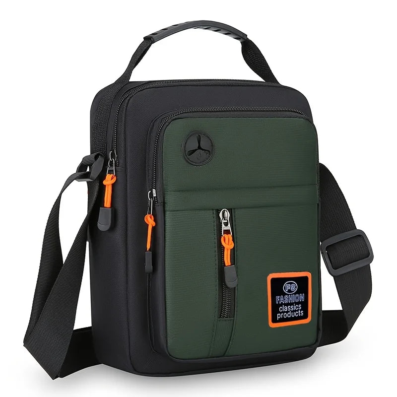 Black Men's Crossbody Sling Bag with an orange zipper pull and a green fabric panel.