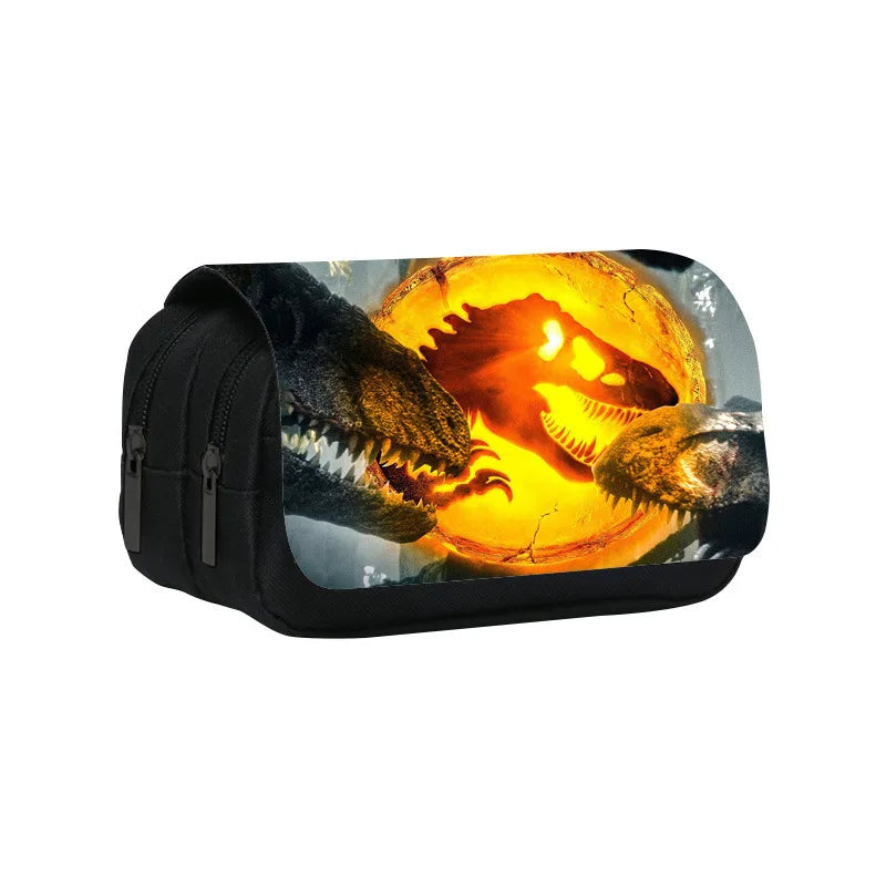 A black pencil case featuring a graphic of a roaring Tyrannosaurus Rex head against an orange background.