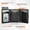 A black men's pop-up wallet showing card slots and an ID window with multiple cards.
