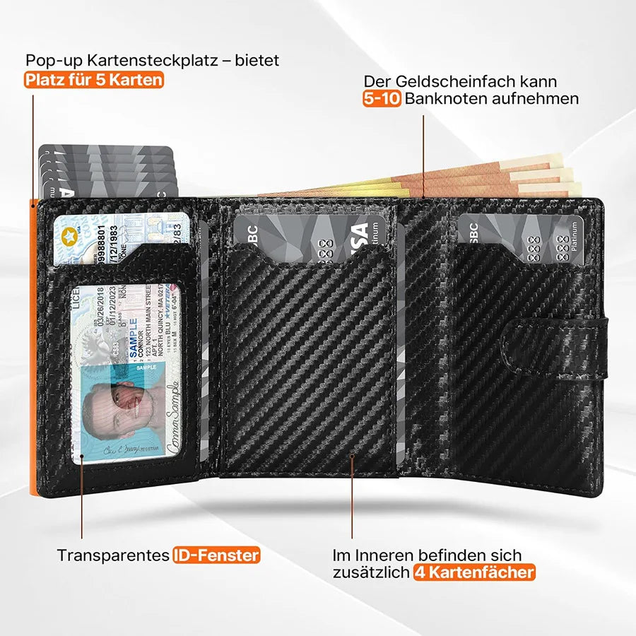 A black men's pop-up wallet showing card slots and an ID window with multiple cards.