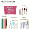 A multi-scene use bag in pink fabric showing various items like plugs cables chargers pens and toiletries.