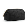 Black padded makeup bag with a wide-open design and gold zipper detail.