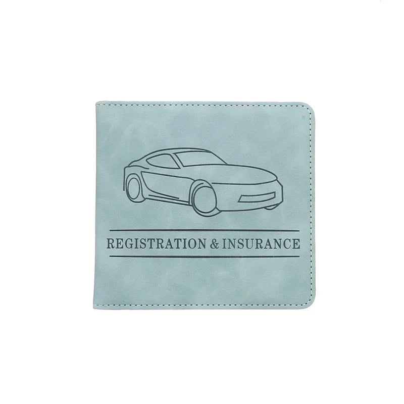 A light blue PU leather glove box wallet with a line drawing of a car, labeled Registration & Insurance.