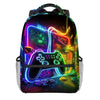 A black backpack featuring a glowing neon green and purple cartoon game controller design.