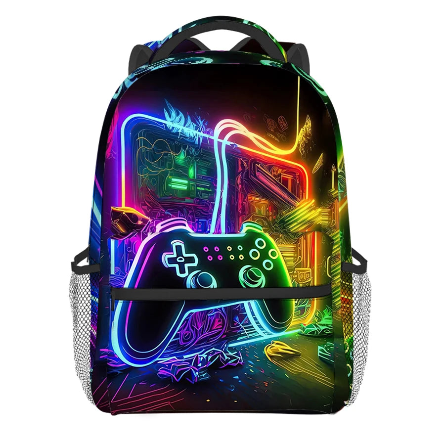 A black backpack featuring a glowing neon green and purple cartoon game controller design.