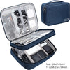 A dark blue portable digital organizer storage pouch with a zippered compartment and an open lid showing various electronic a