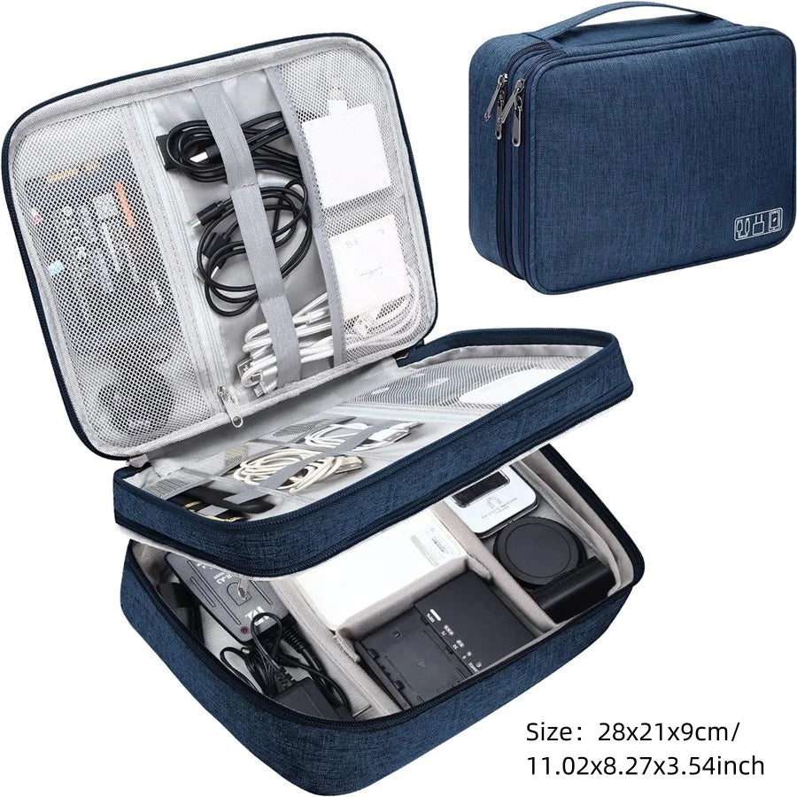 A dark blue portable digital organizer storage pouch with a zippered compartment and an open lid showing various electronic a