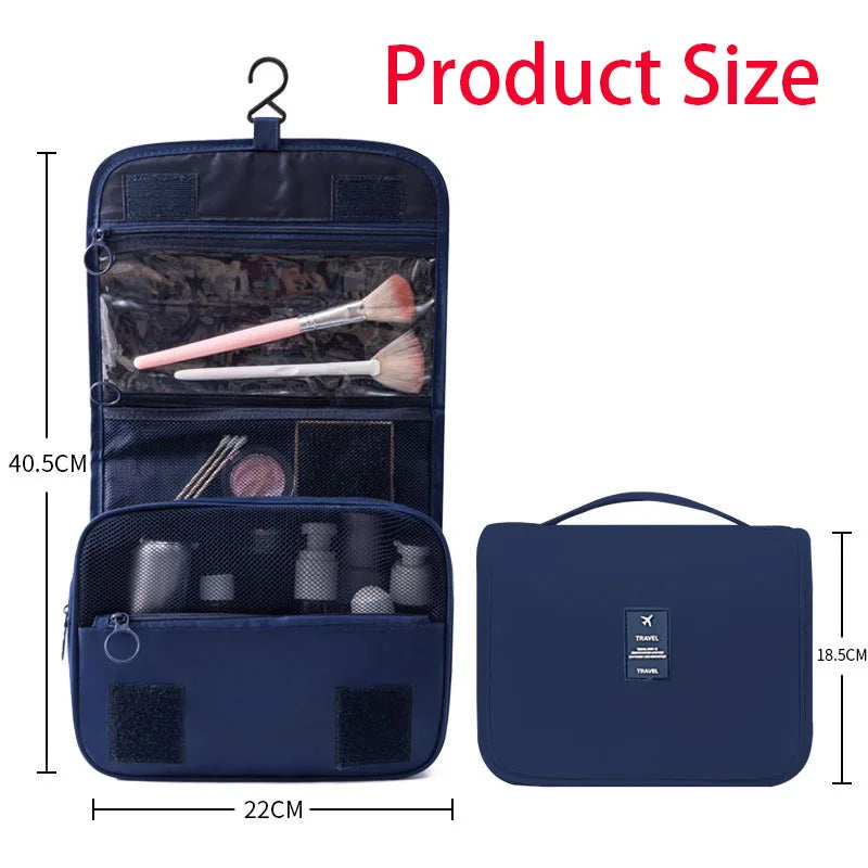 Dunkelblaue portable Reise-Toilettenorganizertasche mit offenem Fach, das eine Bürste und einen separaten Zippere zeigt
