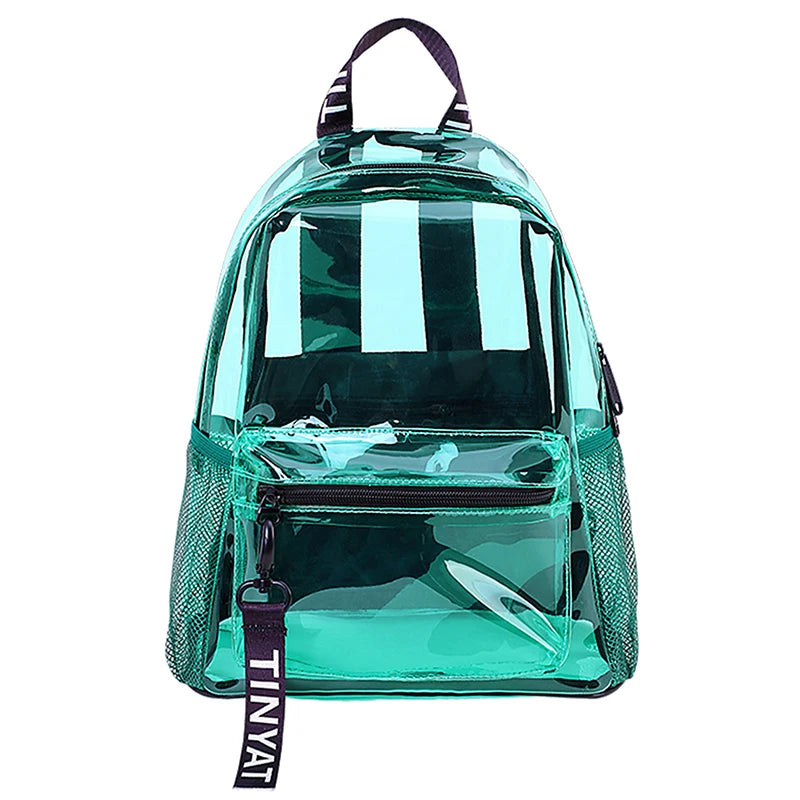 A clear green backpack with vertical stripes and a zippered pocket.