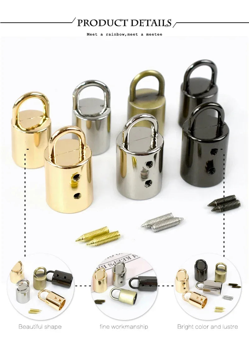A collection of metal cord lock buckles in various finishes and sizes, including gold, silver, and black.