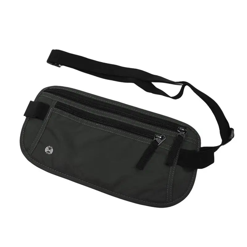 Bolsa de dinero con bloqueo RFID delgado y negro con correa.
