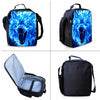 A set of three black backpacks featuring a blue wolf cartoon design, including a main backpack, a lunch bag, and a pencil cas