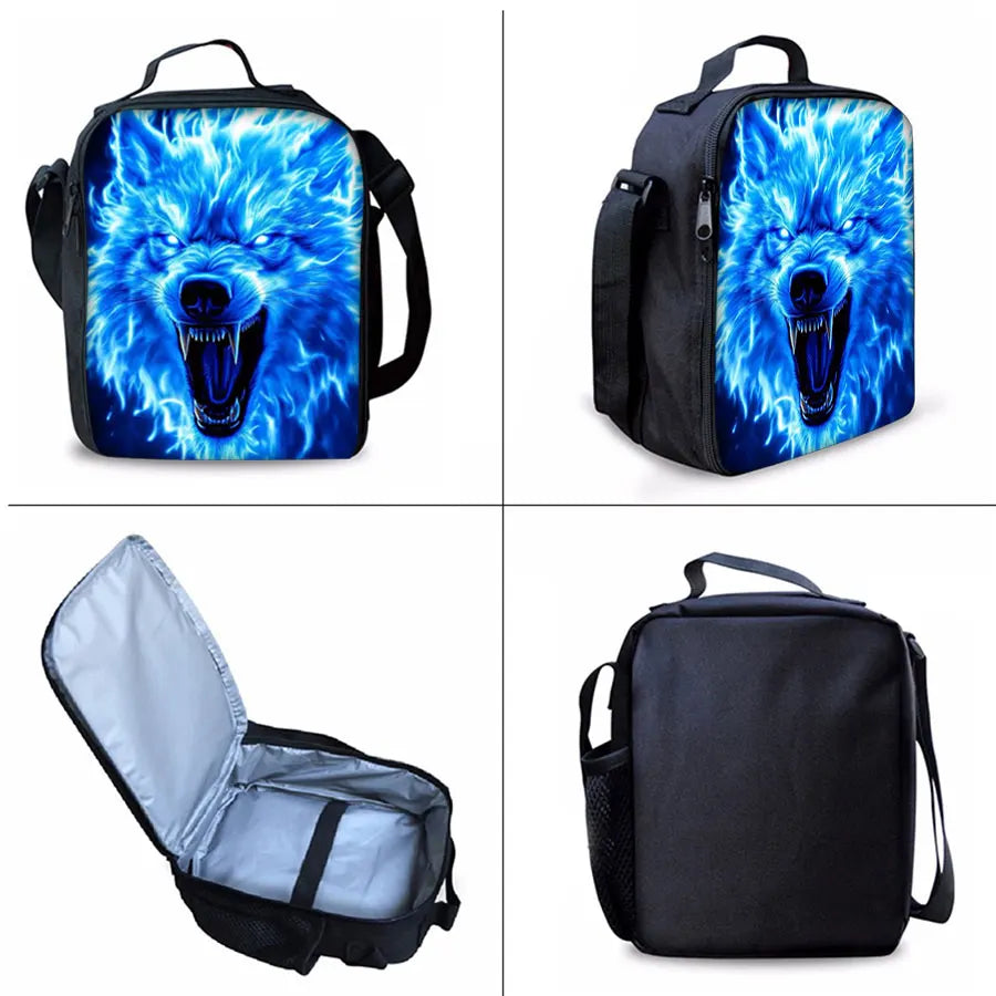 A set of three black backpacks featuring a blue wolf cartoon design, including a main backpack, a lunch bag, and a pencil cas