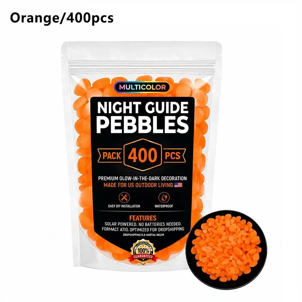 Bag of orange glow-in-the-dark pebbles for outdoor decoration with a label indicating 400 pieces