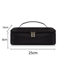 Black insulated mini lunch bag with a handle, measuring 16cm high and 25cm long.
