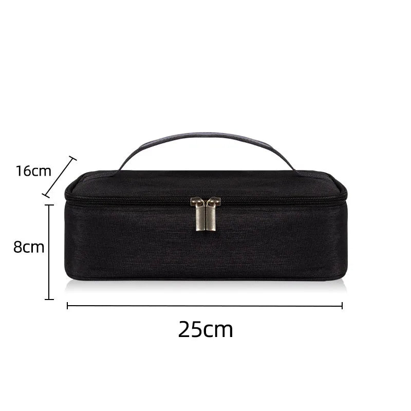 Black insulated mini lunch bag with a handle, measuring 16cm high and 25cm long.