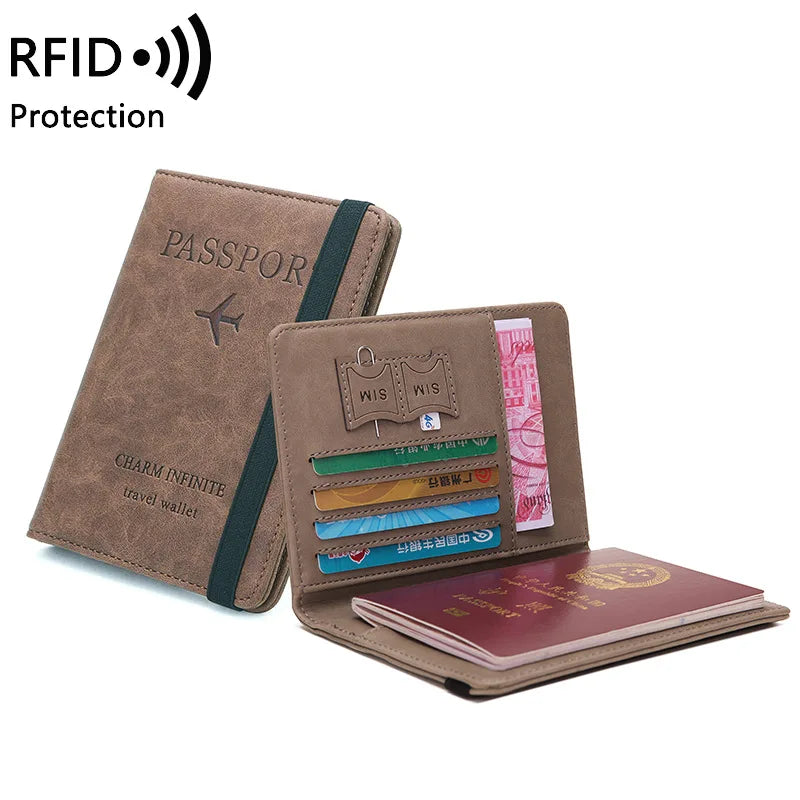 A brown PU leather travel passport holder with slots for a passport and SIM cards is shown.