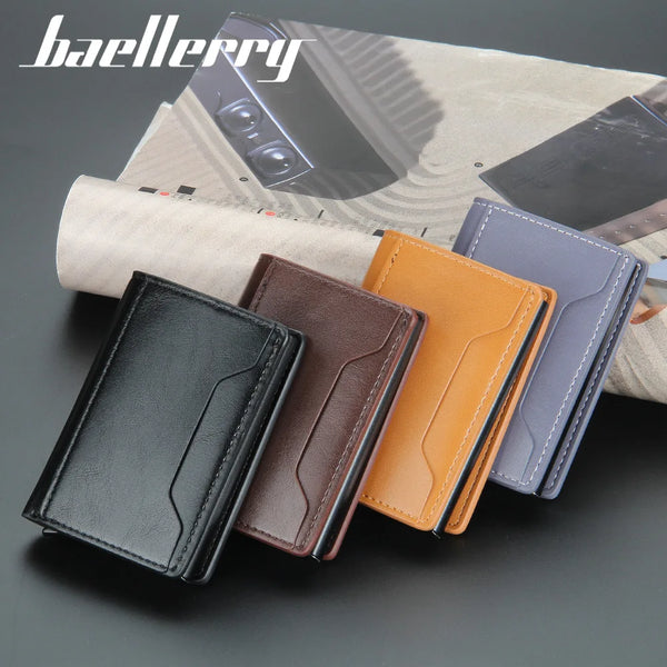 A collection of slim PU leather wallets in black, brown, orange, and gray stacked on a light fabric background.